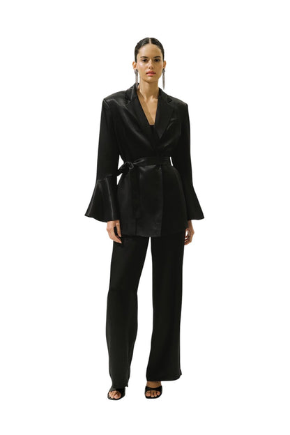 Abendjacke aus Satin mit Gürtel, schwarz