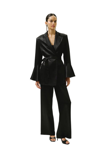 Abendjacke aus Satin mit Gürtel, schwarz