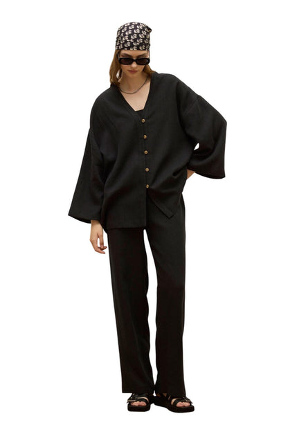 Schwarze bequeme Leinenhose mit Taschen
