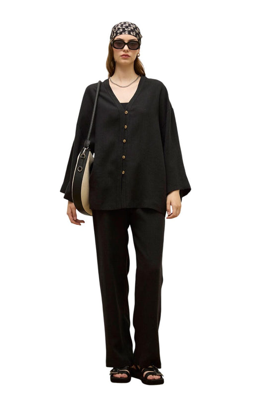Schwarze bequeme Leinenhose mit Taschen