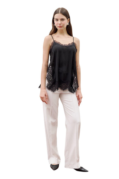 SCHWARZE TRÄGERLOSE BLUSE MIT SPITZENSTREIFEN