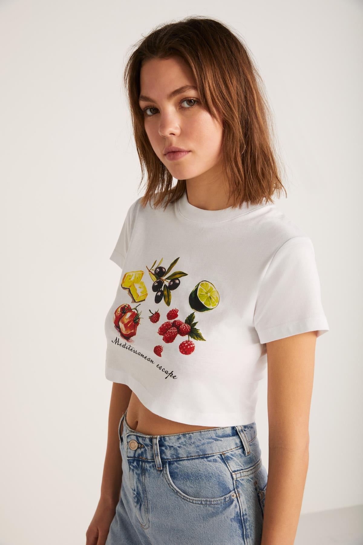ETHIQUET SERENE Damen Print Crop-Shirt Weiß