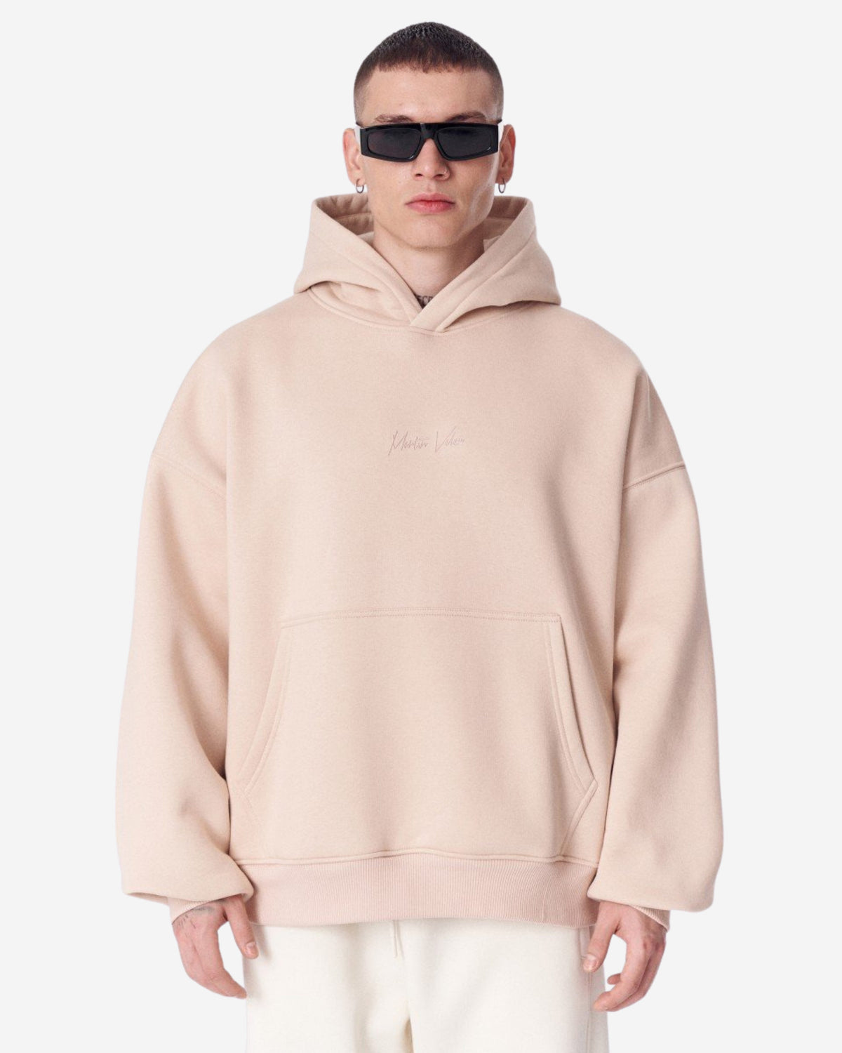 Bestickter Beige Kapuzenpullover - Größe L