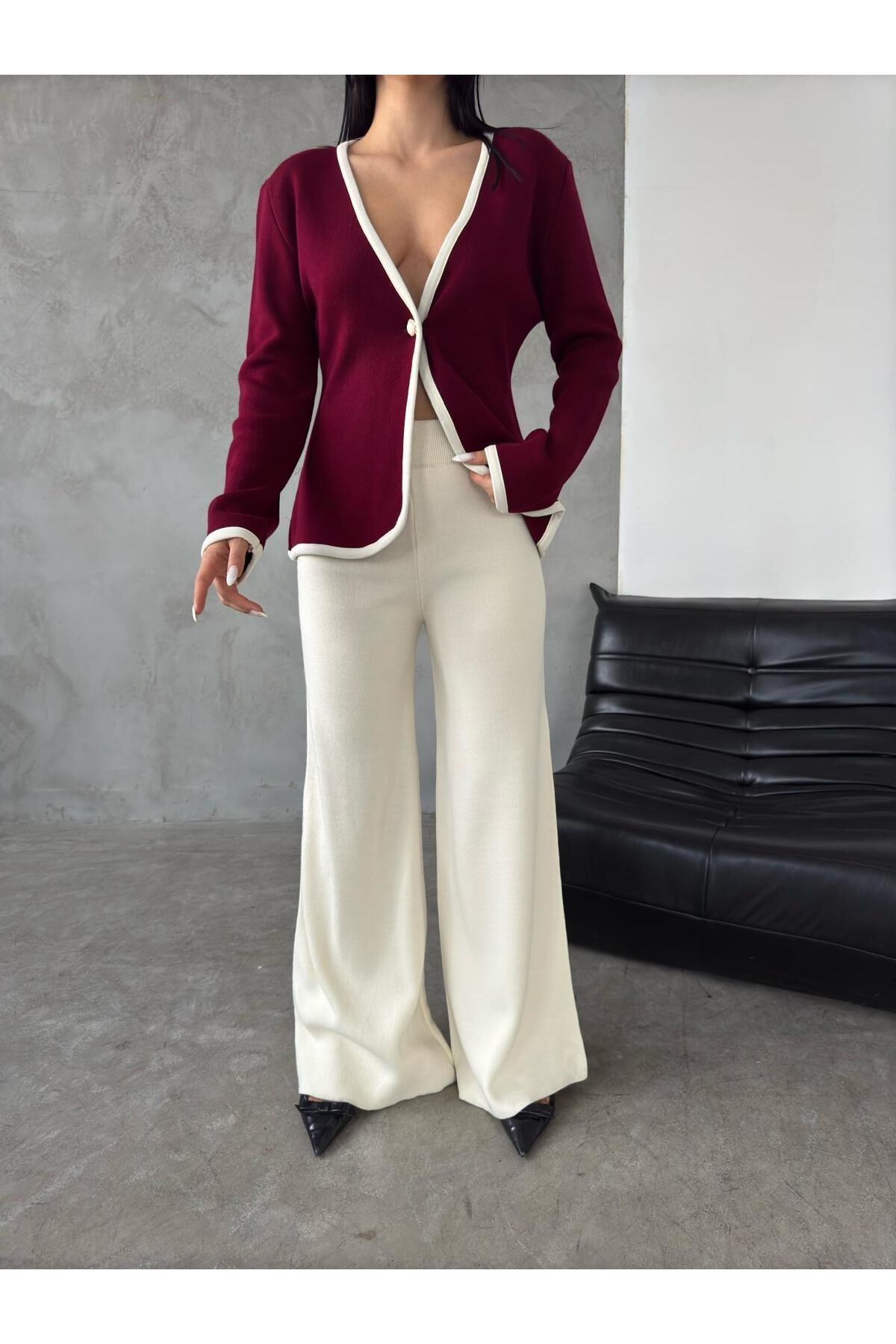 Strickwaren-Set (Oberteil und Hose): Hochgeschnittene Hose und V-Ausschnitt-Strickjacke