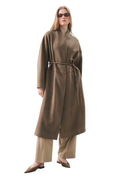 Weicher Kaschmirmantel mit Schal, Khaki