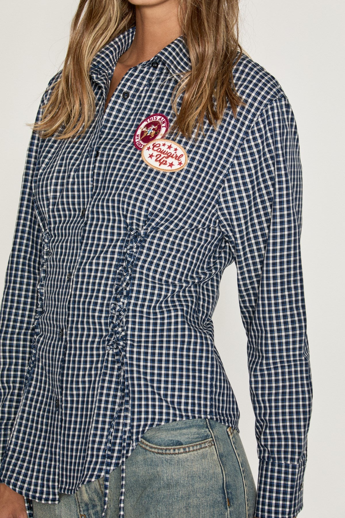 GRIMELANGE SOLITA Damen Langarmhemd mit Aufnäher Marineblau