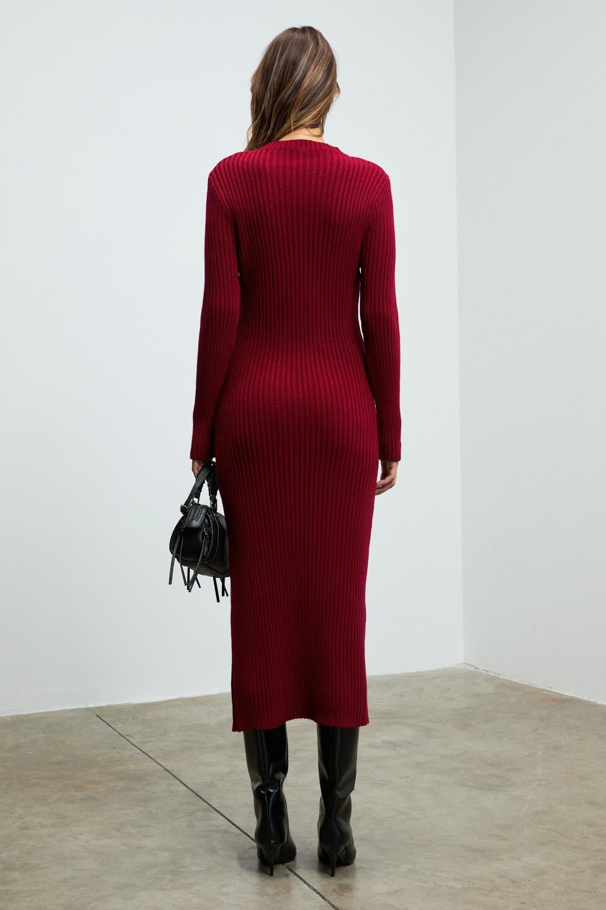 GRIMELANGE SOREYA Damen Gestreiftes Schlankes Strickkleid Bordeaux