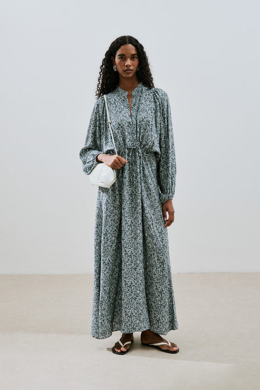 Gemustertes Viskosekleid zum Binden, Farbe: Lily Indigo
