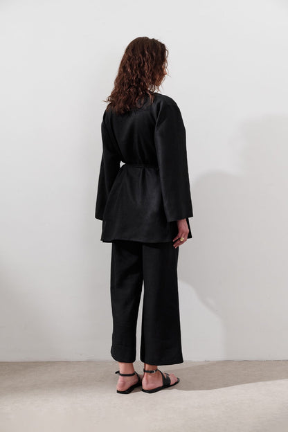 Kimono aus Leinen mit Wickelverschluss, schwarz