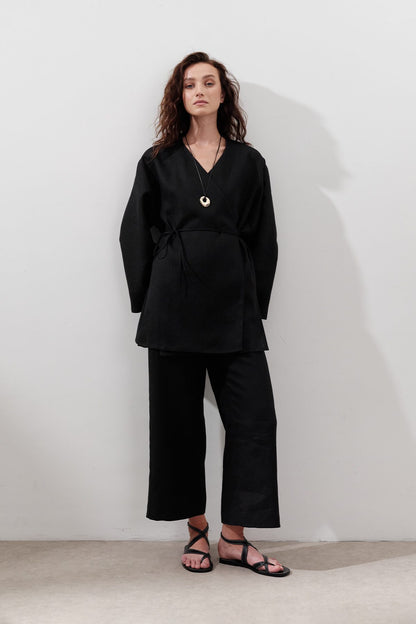 Kimono aus Leinen mit Wickelverschluss, schwarz