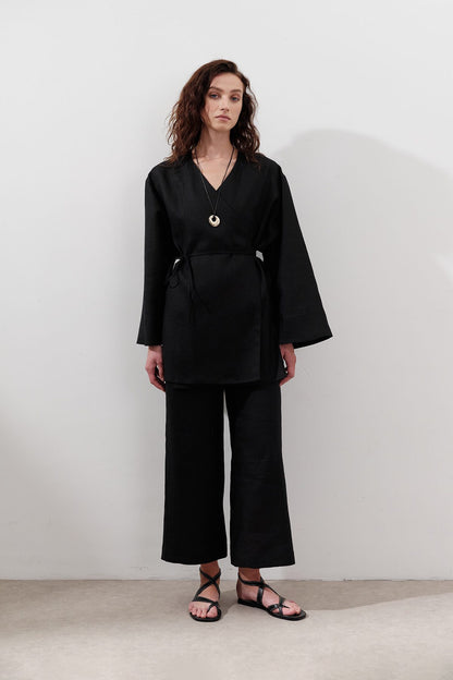 Kimono aus Leinen mit Wickelverschluss, schwarz