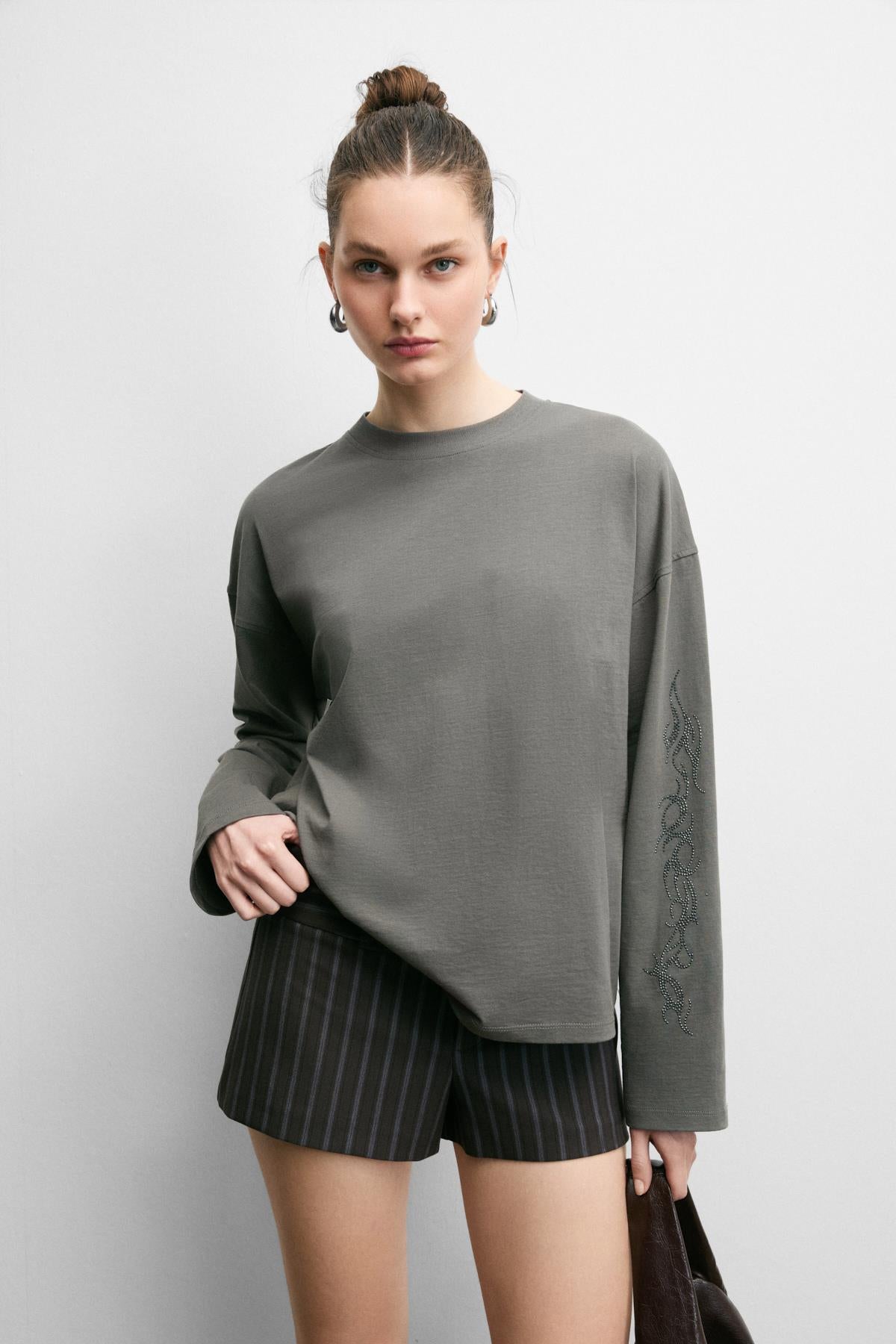 GRIMELANGE STONRET Damen Baumwoll-Langarmshirt Anthrazit
