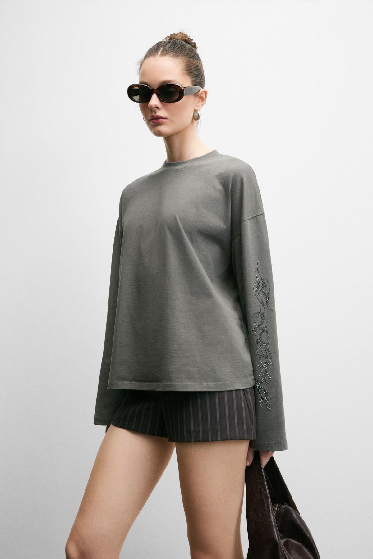 GRIMELANGE STONRET Damen Baumwoll-Langarmshirt Anthrazit