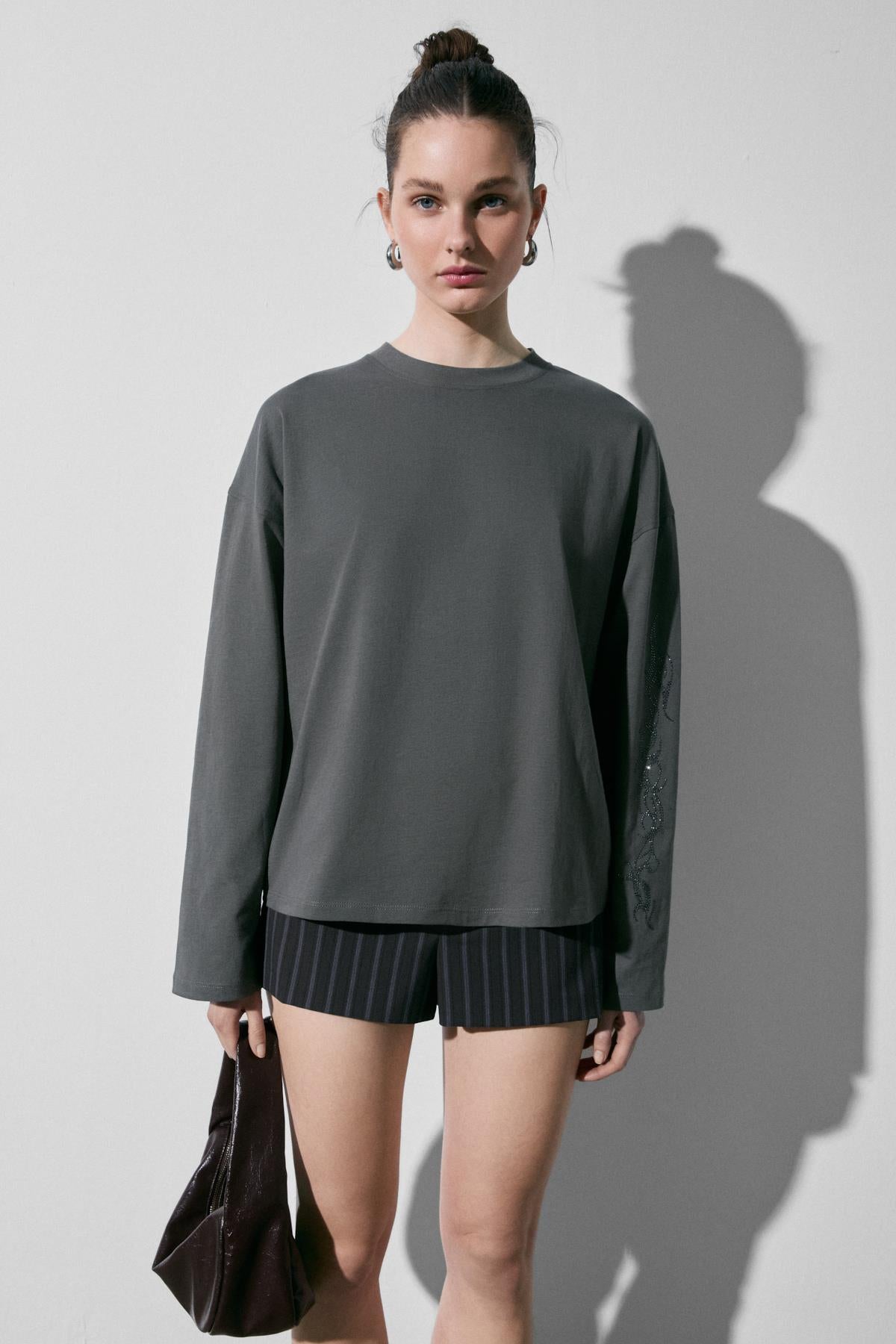GRIMELANGE STONRET Damen Baumwoll-Langarmshirt Anthrazit