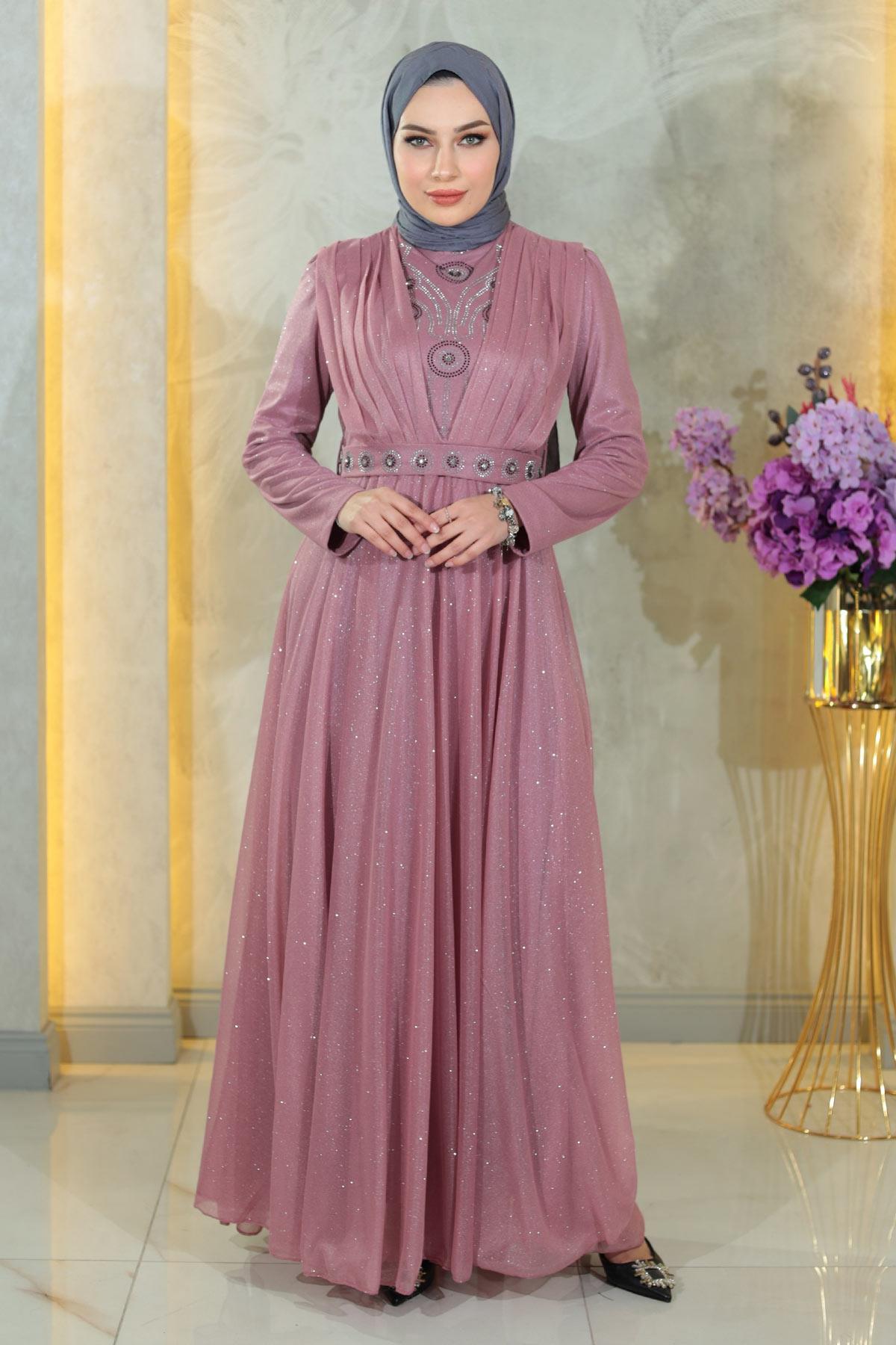 Stein Detail Abendkleid Rose MSW19188-2
