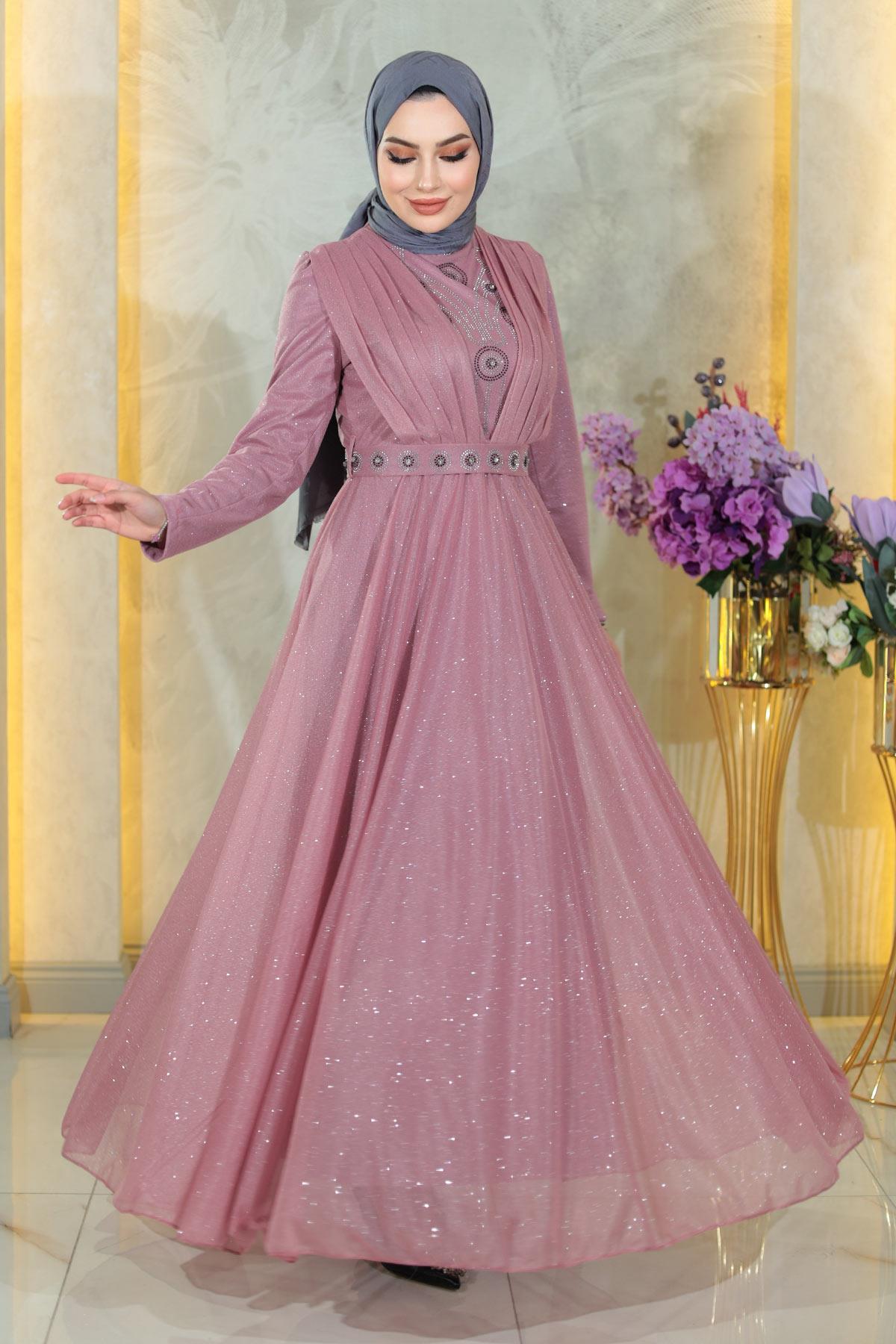 Stein Detail Abendkleid Rose MSW19188-2