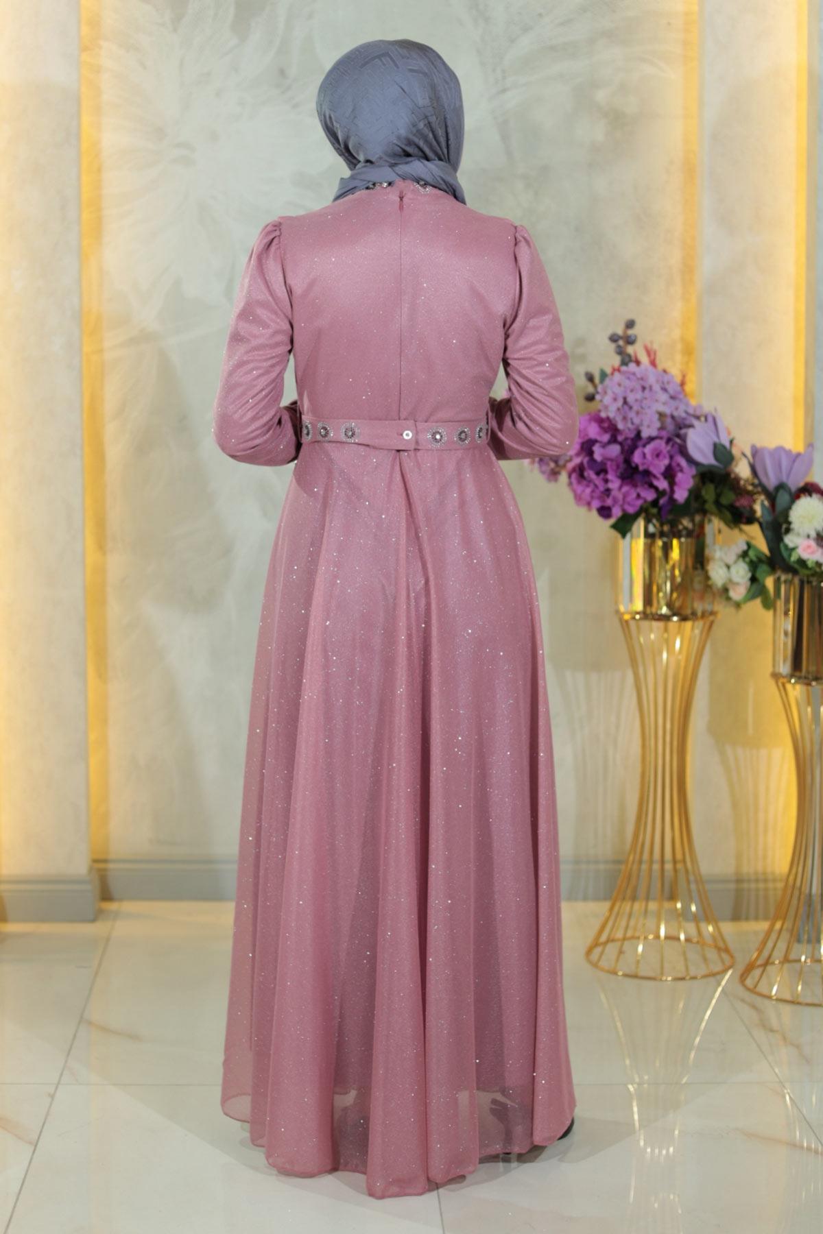 Stein Detail Abendkleid Rose MSW19188-2