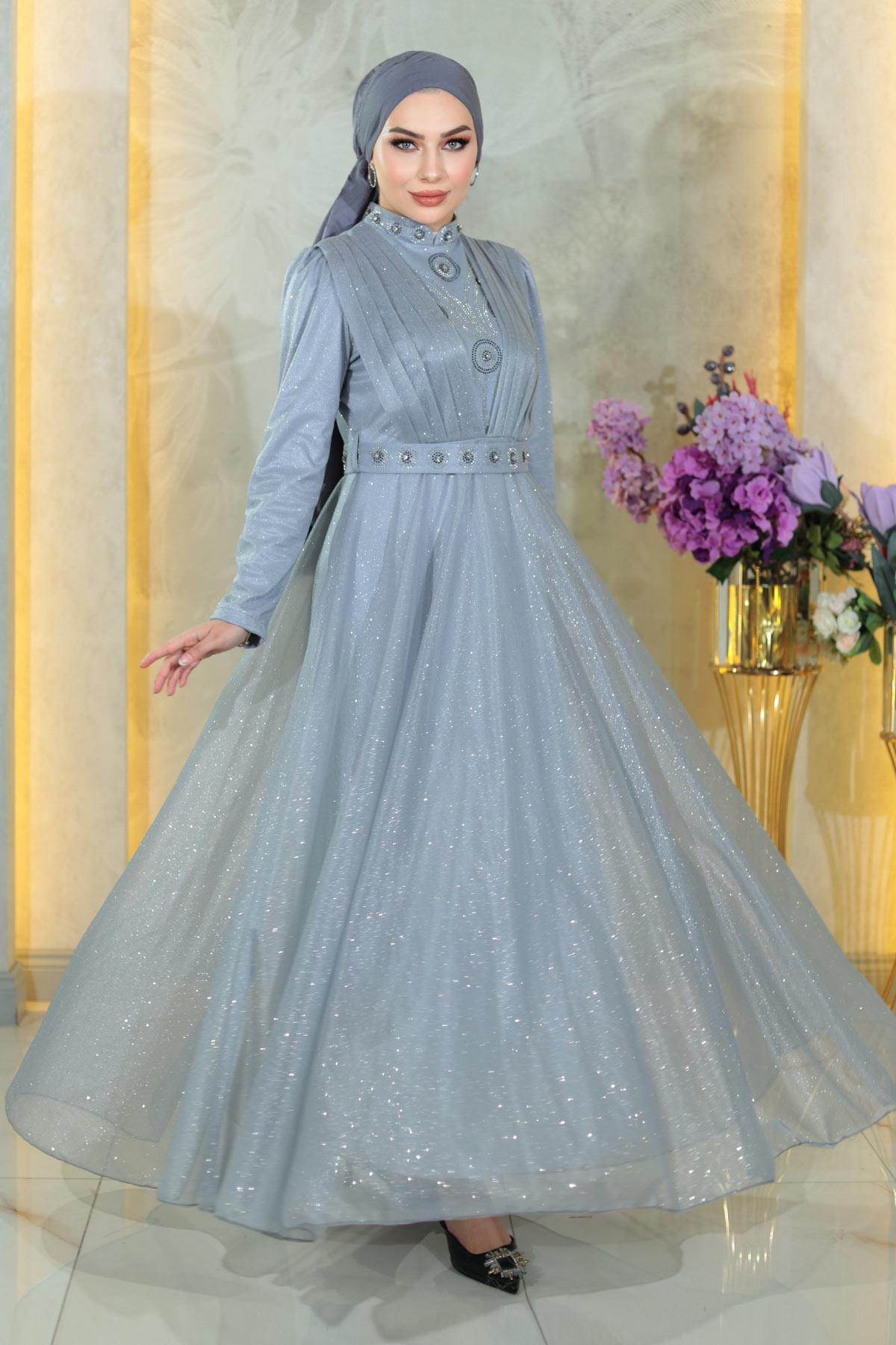 Silber Abendkleid mit Steindetails MSW19188-4