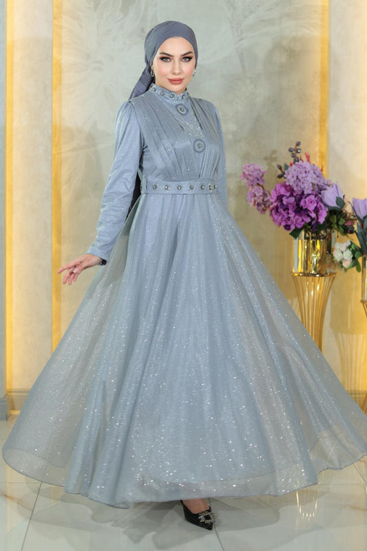 Silber Abendkleid mit Steindetails MSW19188-4