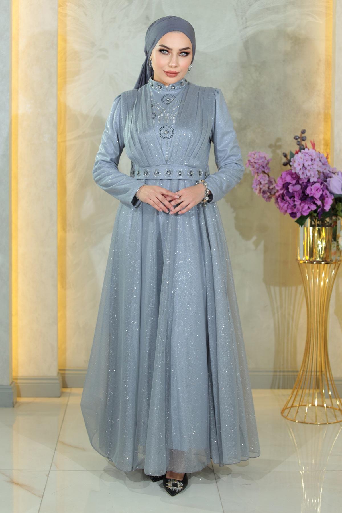 Silber Abendkleid mit Steindetails MSW19188-4