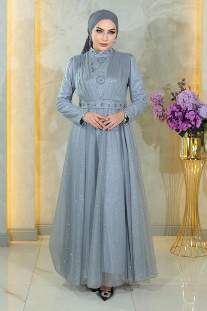Silber Abendkleid mit Steindetails MSW19188-4