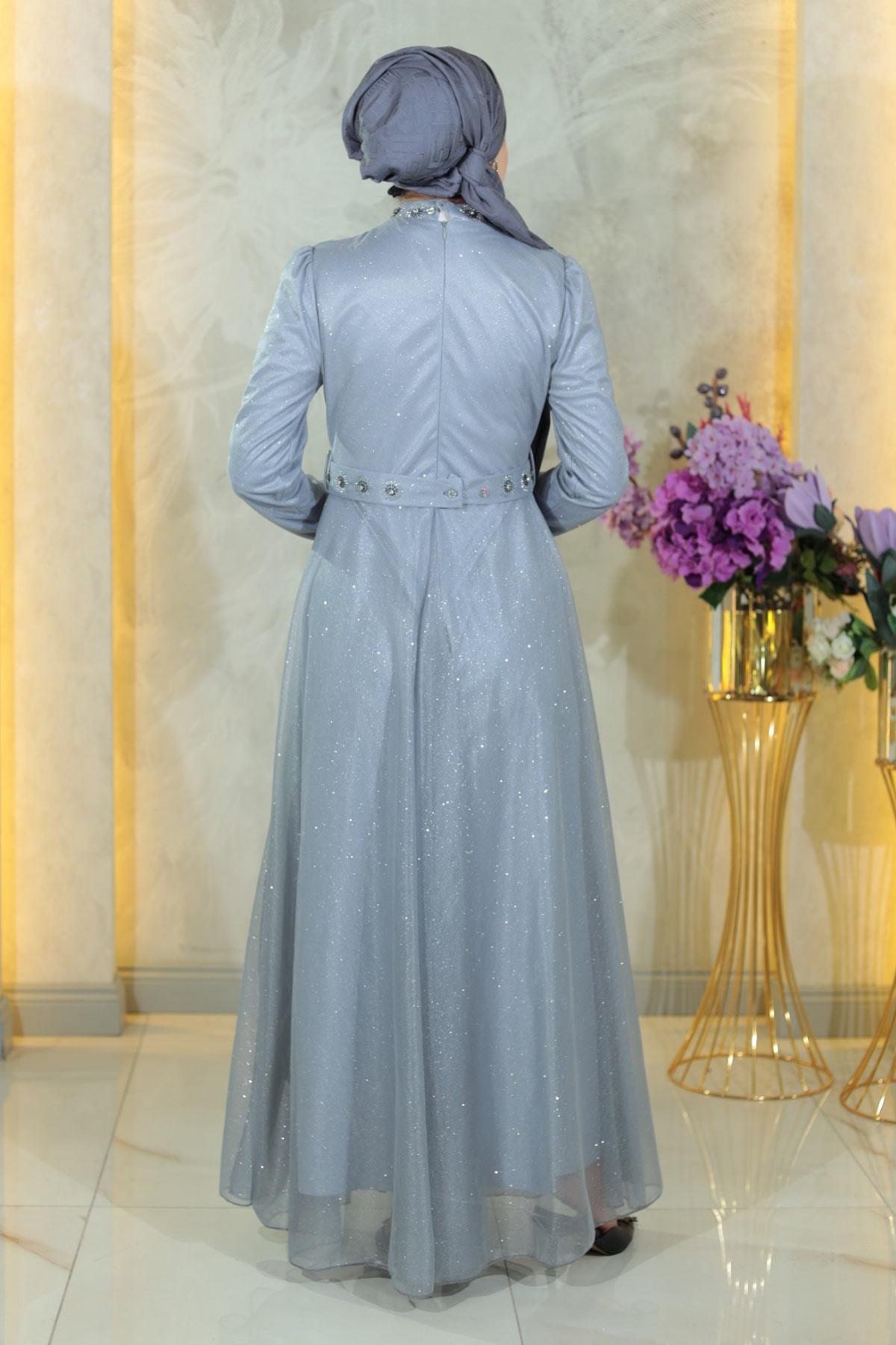 Silber Abendkleid mit Steindetails MSW19188-4