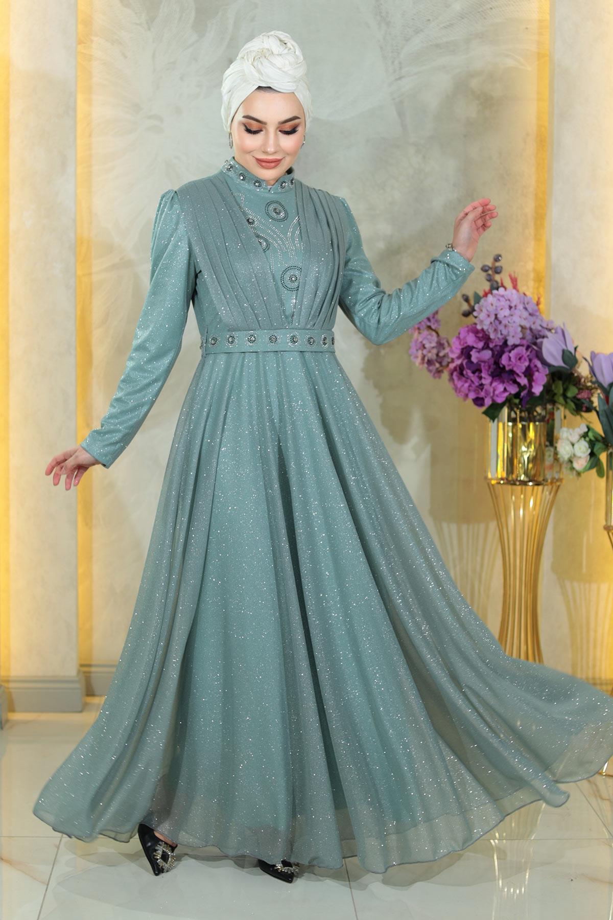 Stein Detail Drapiert Pailletten Abendkleid Minze MSW19188-3