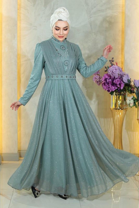 Stein Detail Drapiert Pailletten Abendkleid Minze MSW19188-3