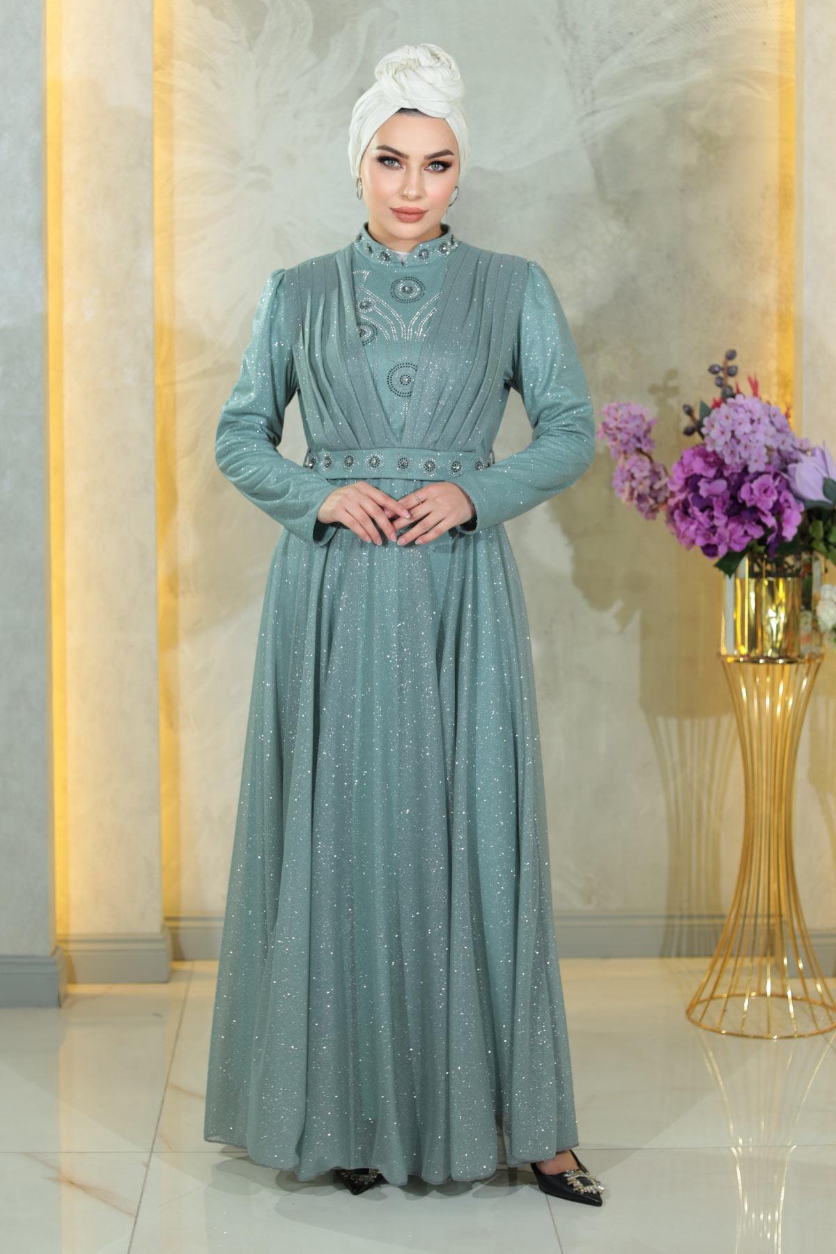 Stein Detail Drapiert Pailletten Abendkleid Minze MSW19188-3