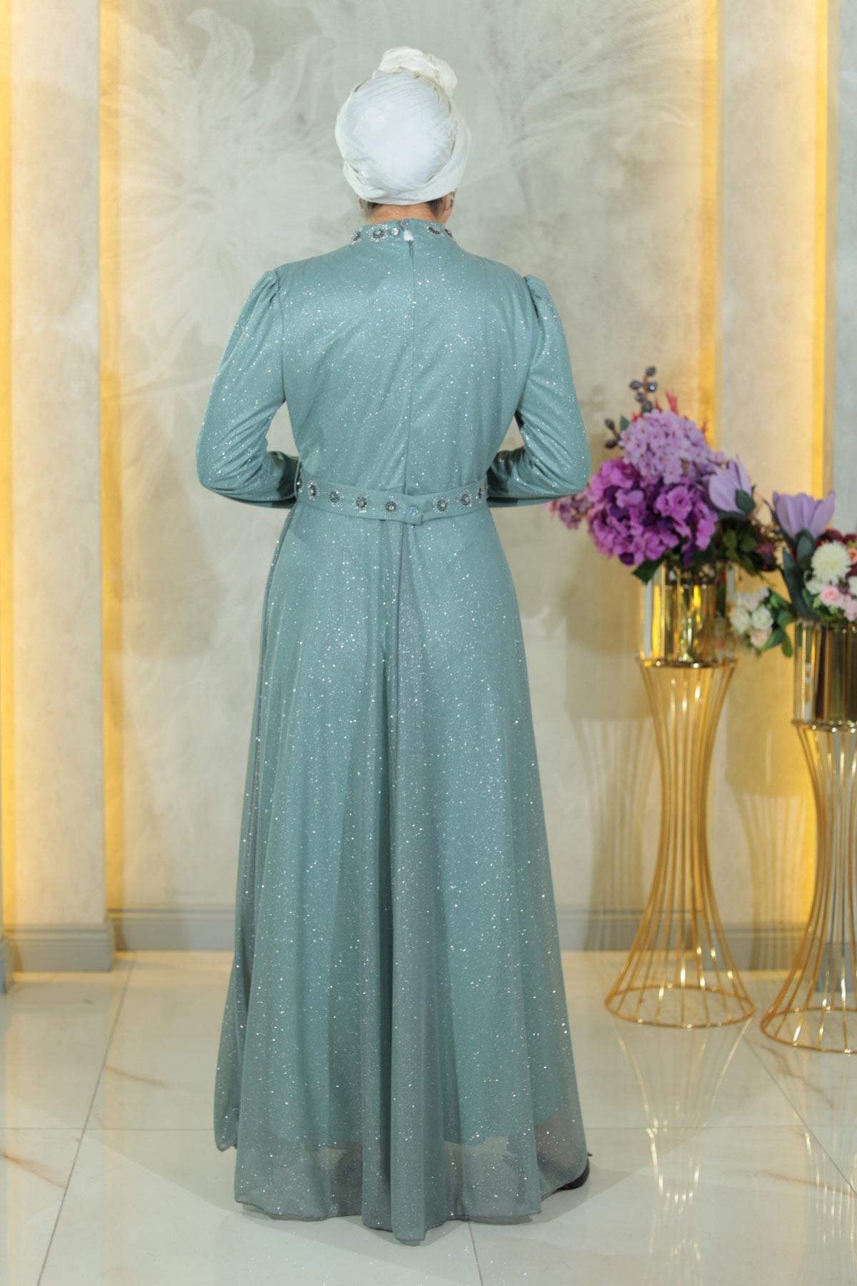 Stein Detail Drapiert Pailletten Abendkleid Minze MSW19188-3