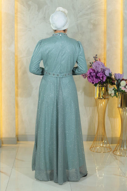Stein Detail Drapiert Pailletten Abendkleid Minze MSW19188-3
