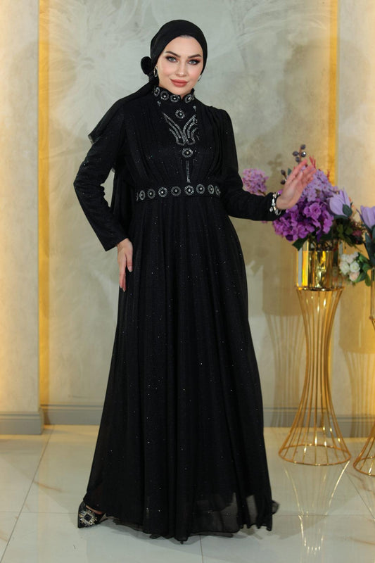 Stein Detail Drapiert Pailletten Schwarzes Abendkleid MSW19188-1