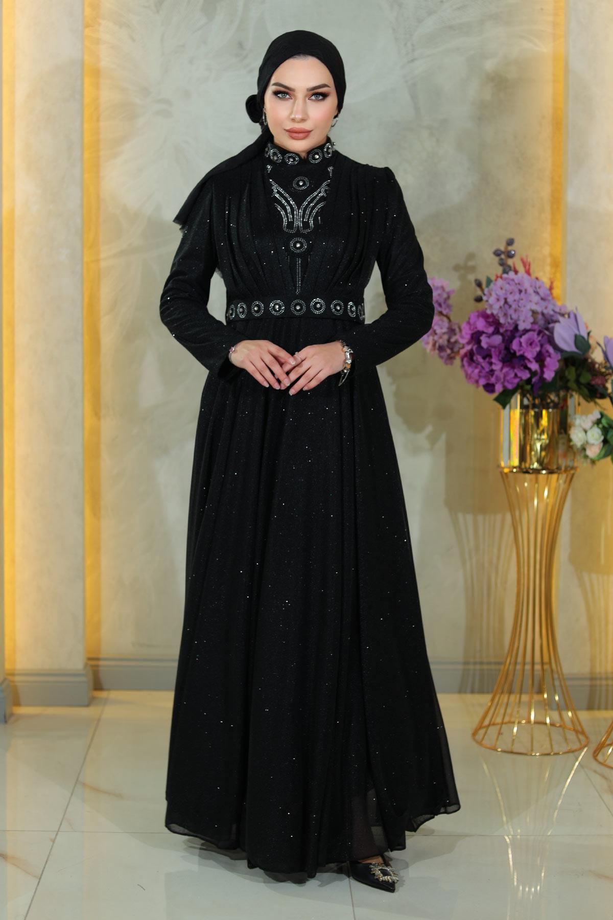 Stein Detail Drapiert Pailletten Schwarzes Abendkleid MSW19188-1