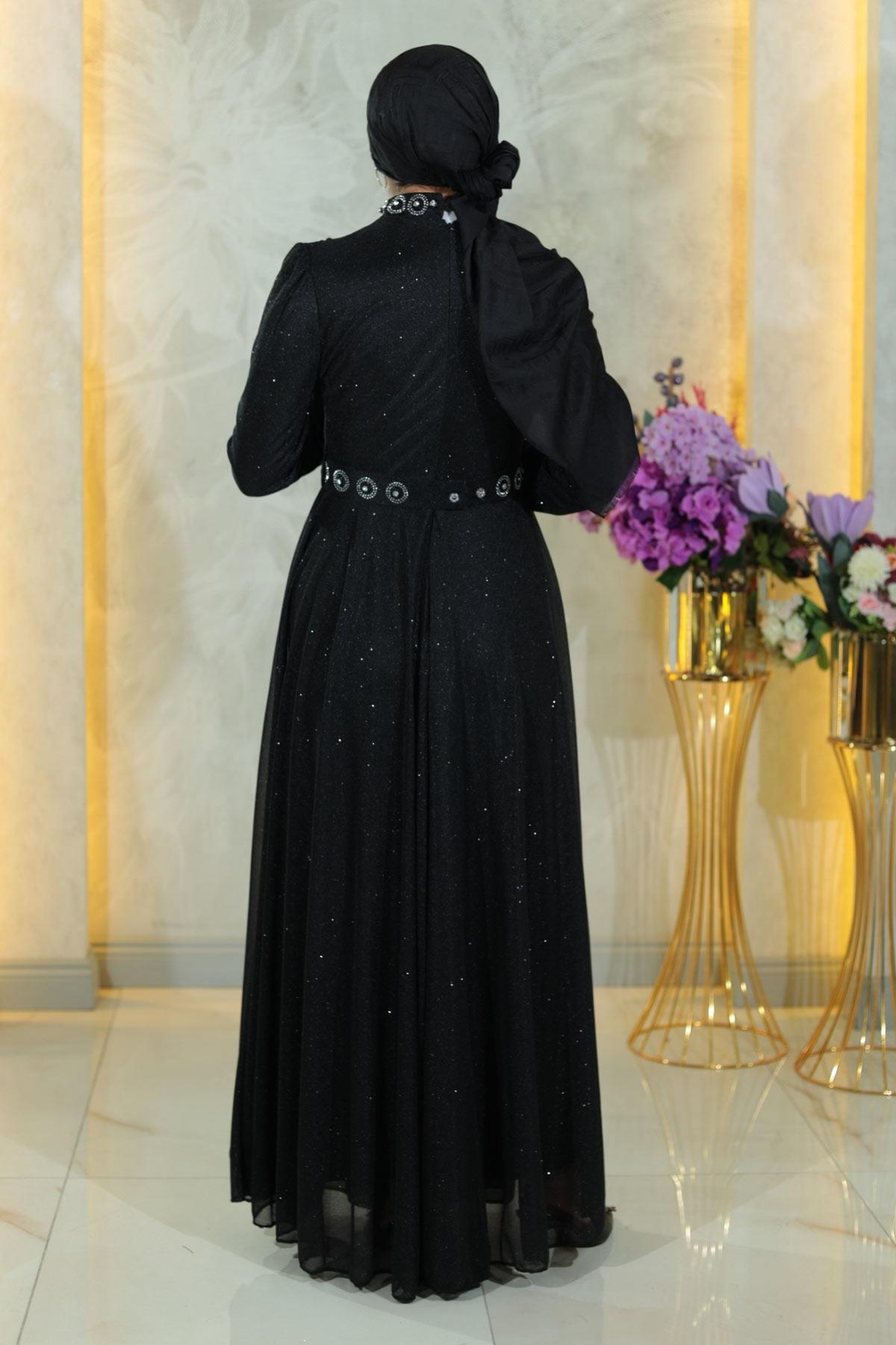 Stein Detail Drapiert Pailletten Schwarzes Abendkleid MSW19188-1