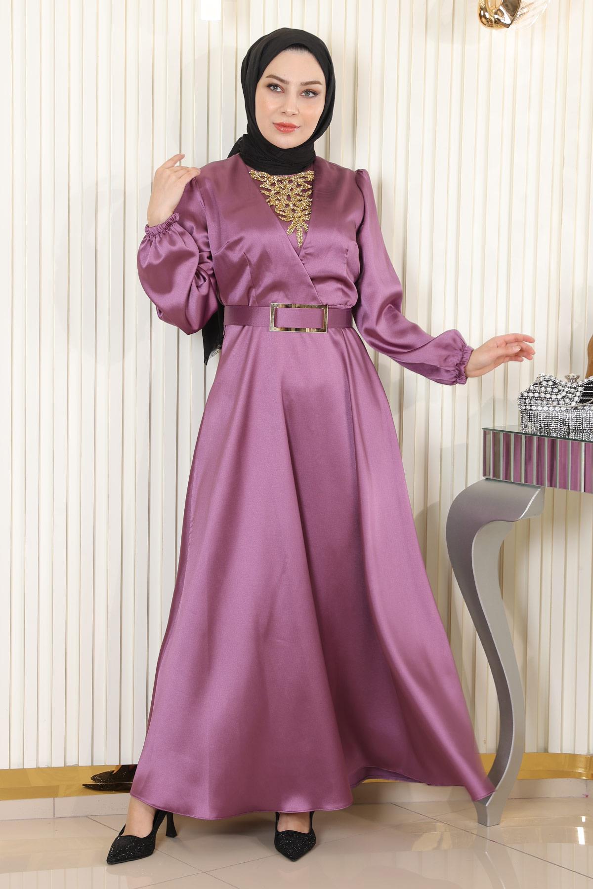 Satin Rose Stein Detail Abendkleid MSW19901-5