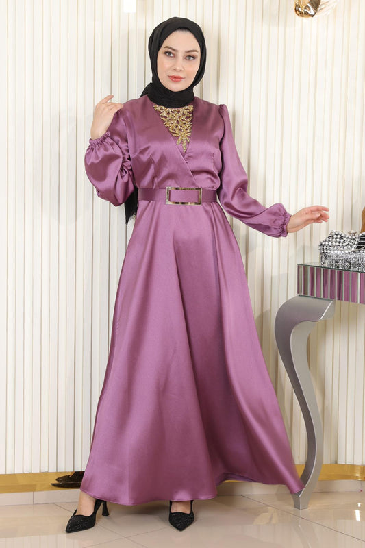 Satin Rose Stein Detail Abendkleid MSW19901-5