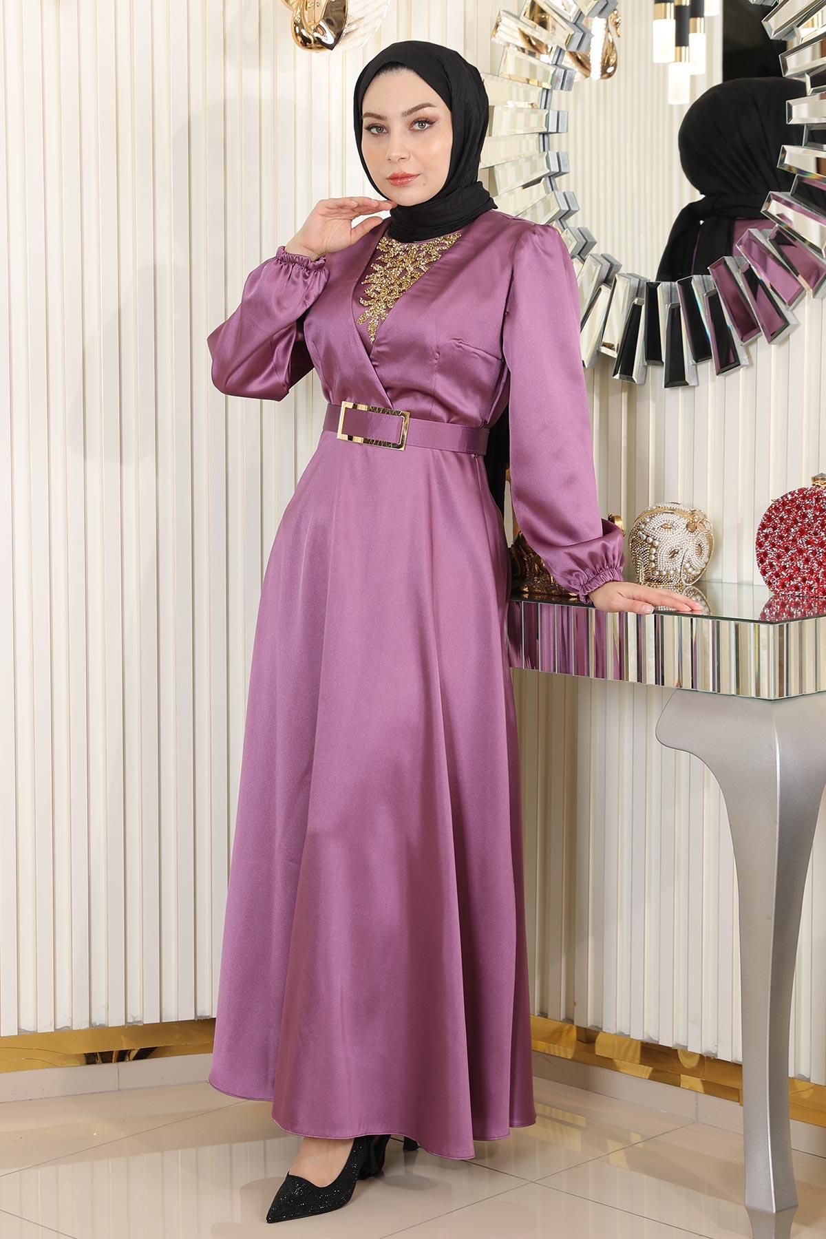 Satin Rose Stein Detail Abendkleid MSW19901-5