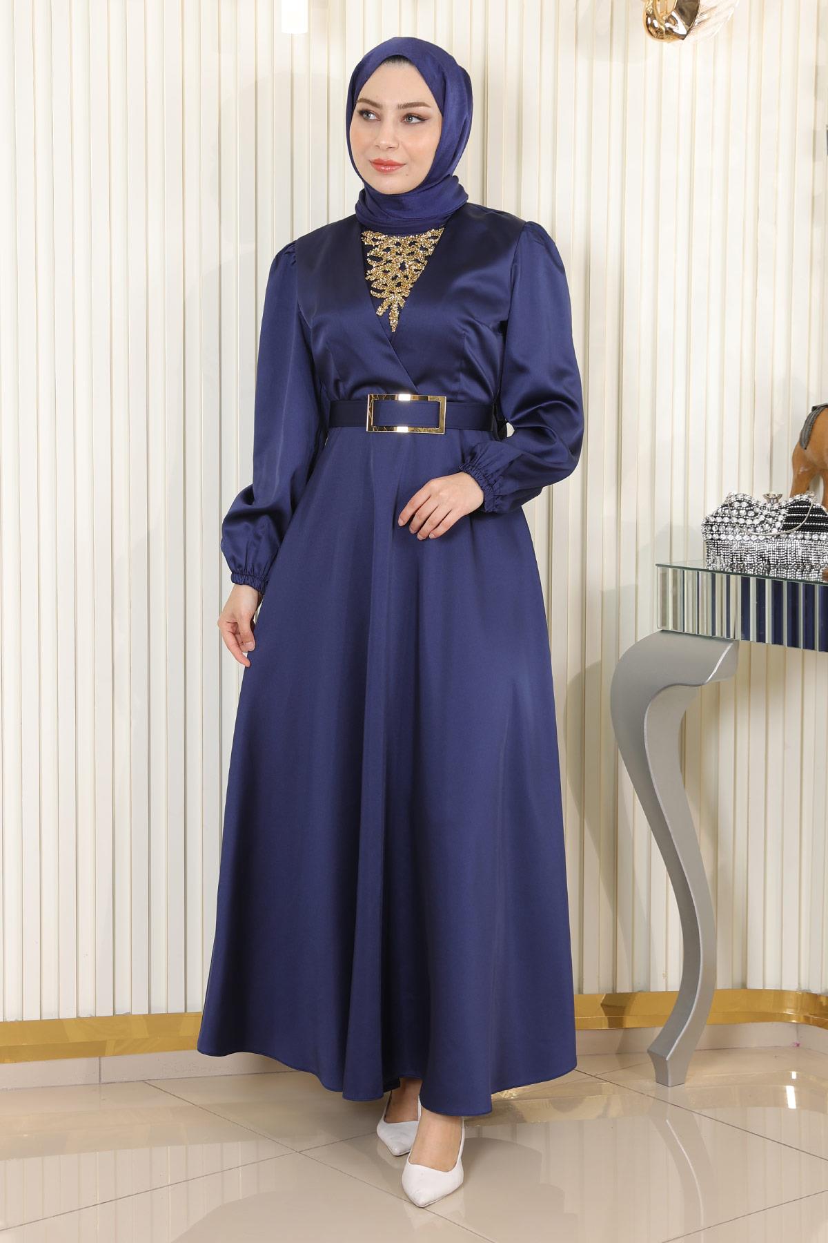 Indigo Satin Stein Detail Abendkleid MSW19901-4