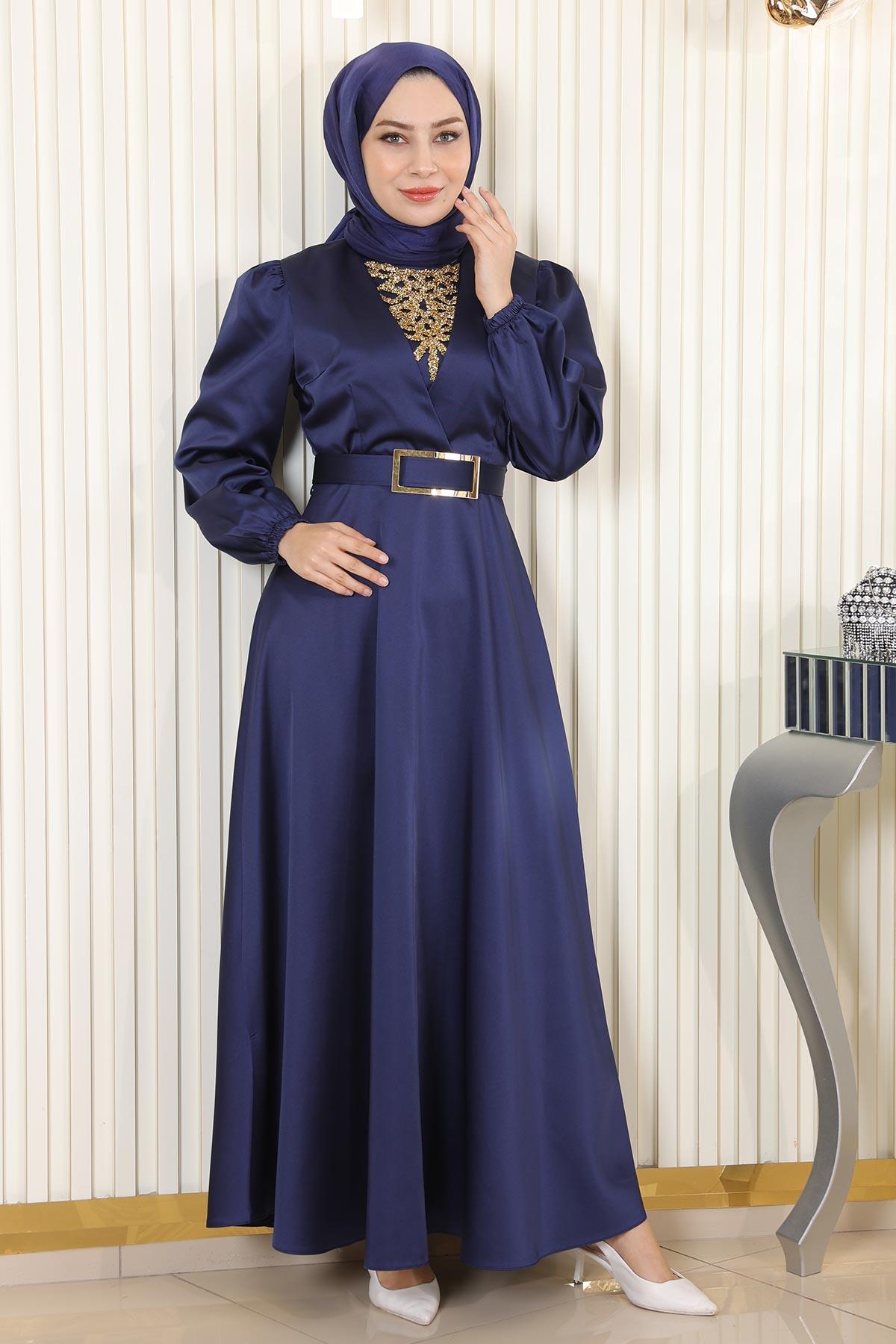 Indigo Satin Stein Detail Abendkleid MSW19901-4