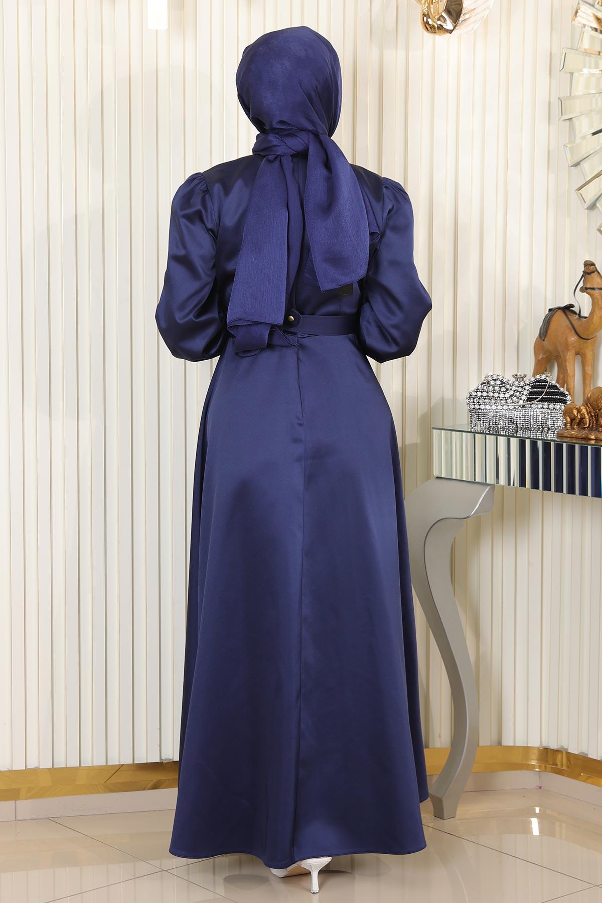 Indigo Satin Stein Detail Abendkleid MSW19901-4
