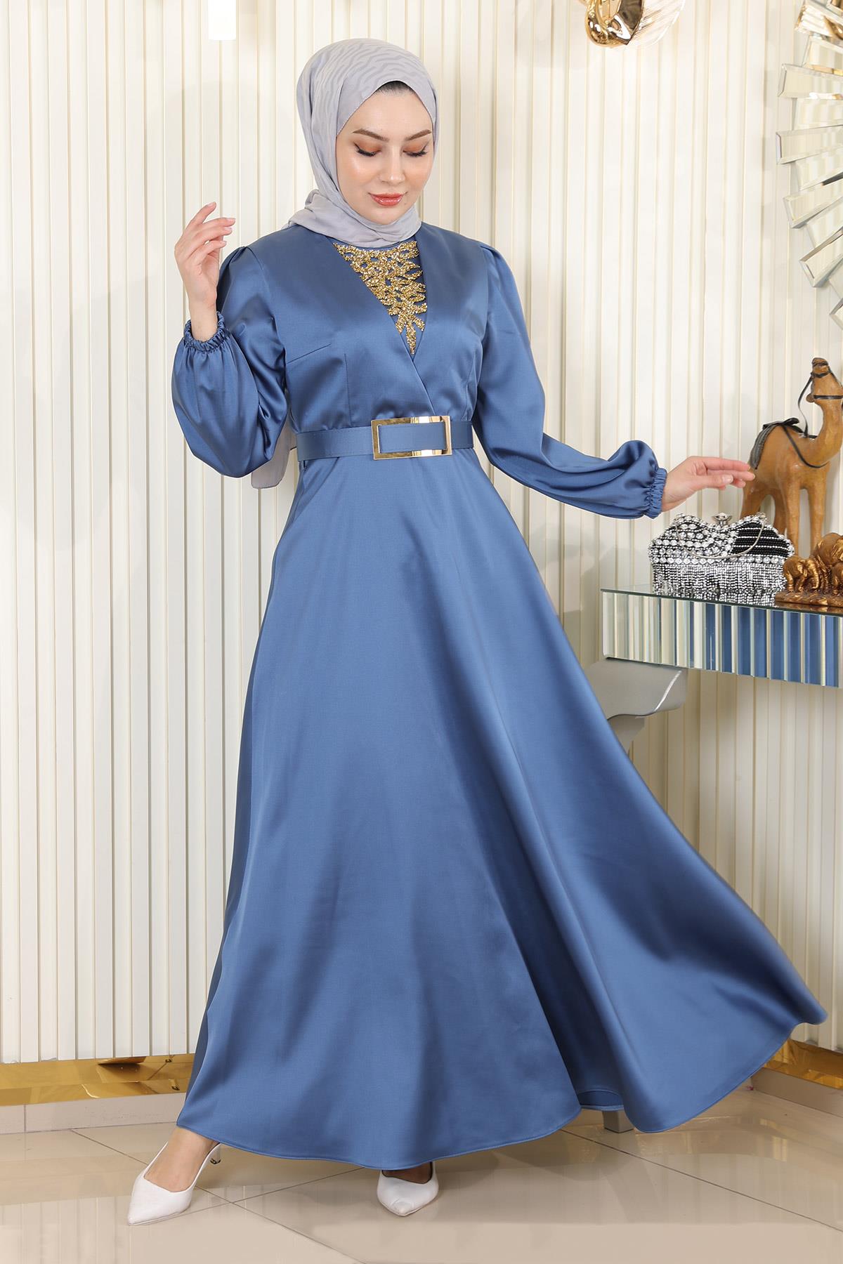 Steinverziertes Satin-Abendkleid MSW19901-3