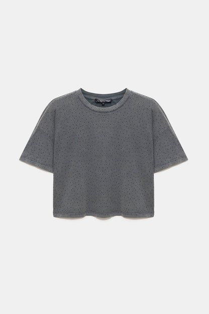 Crop-T-Shirt mit Steinverzierungen