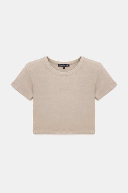Crop-T-Shirt mit Steinverzierungen und Rippenmuster