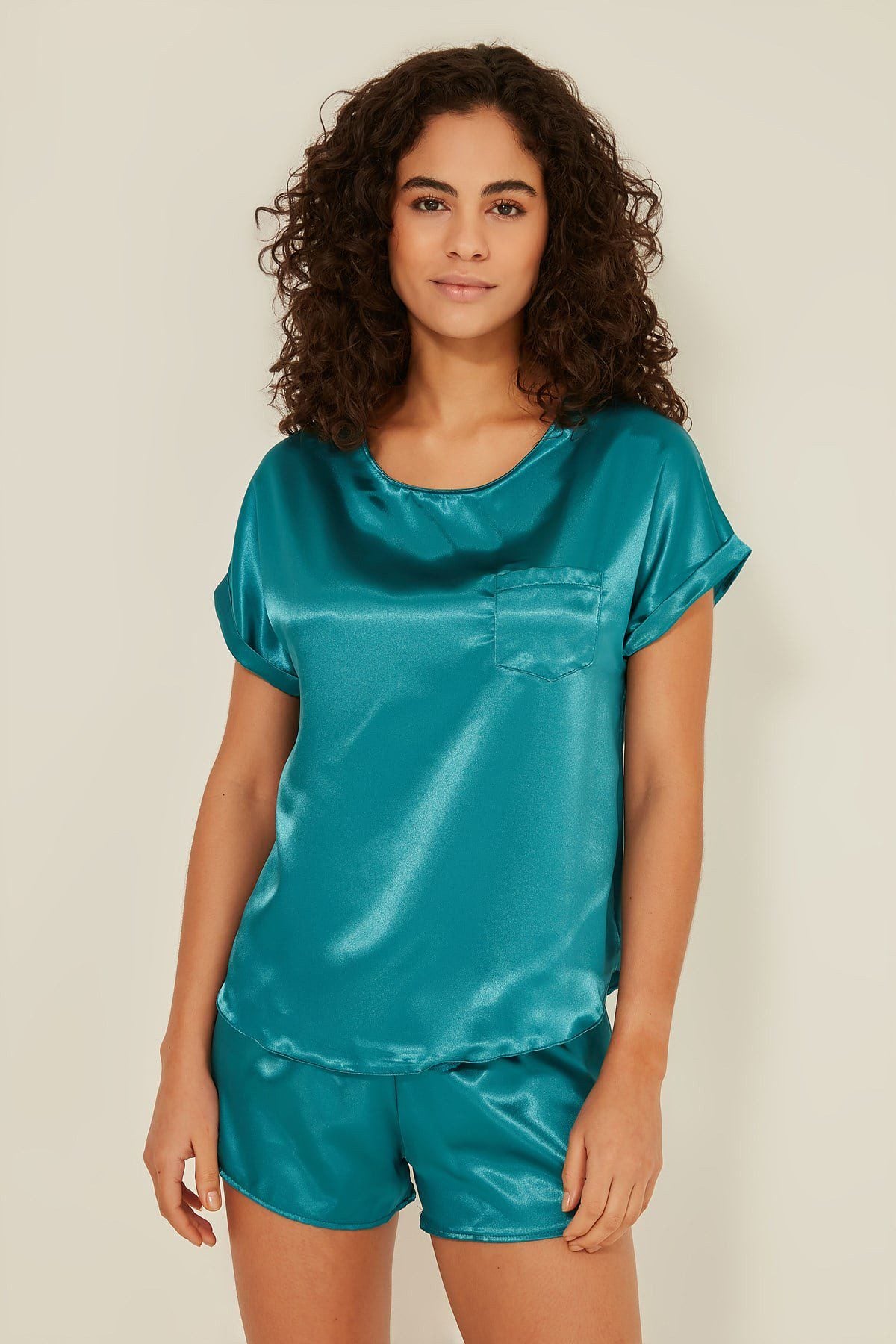 Damen Satin T-Shirt Shorts Set