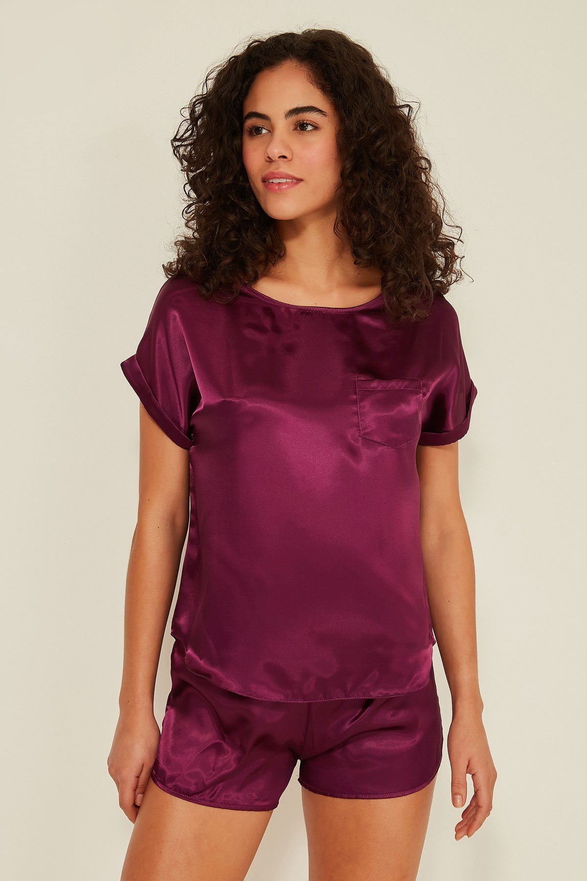 Damen Satin T-Shirt Shorts Set