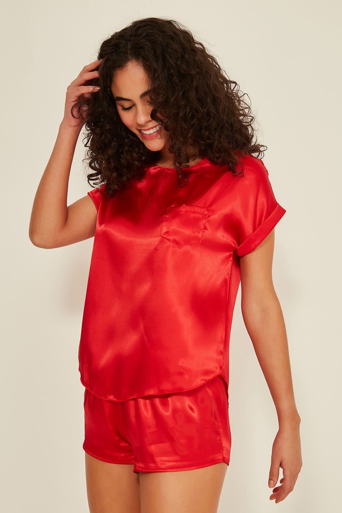 Damen Satin T-Shirt Shorts Set
