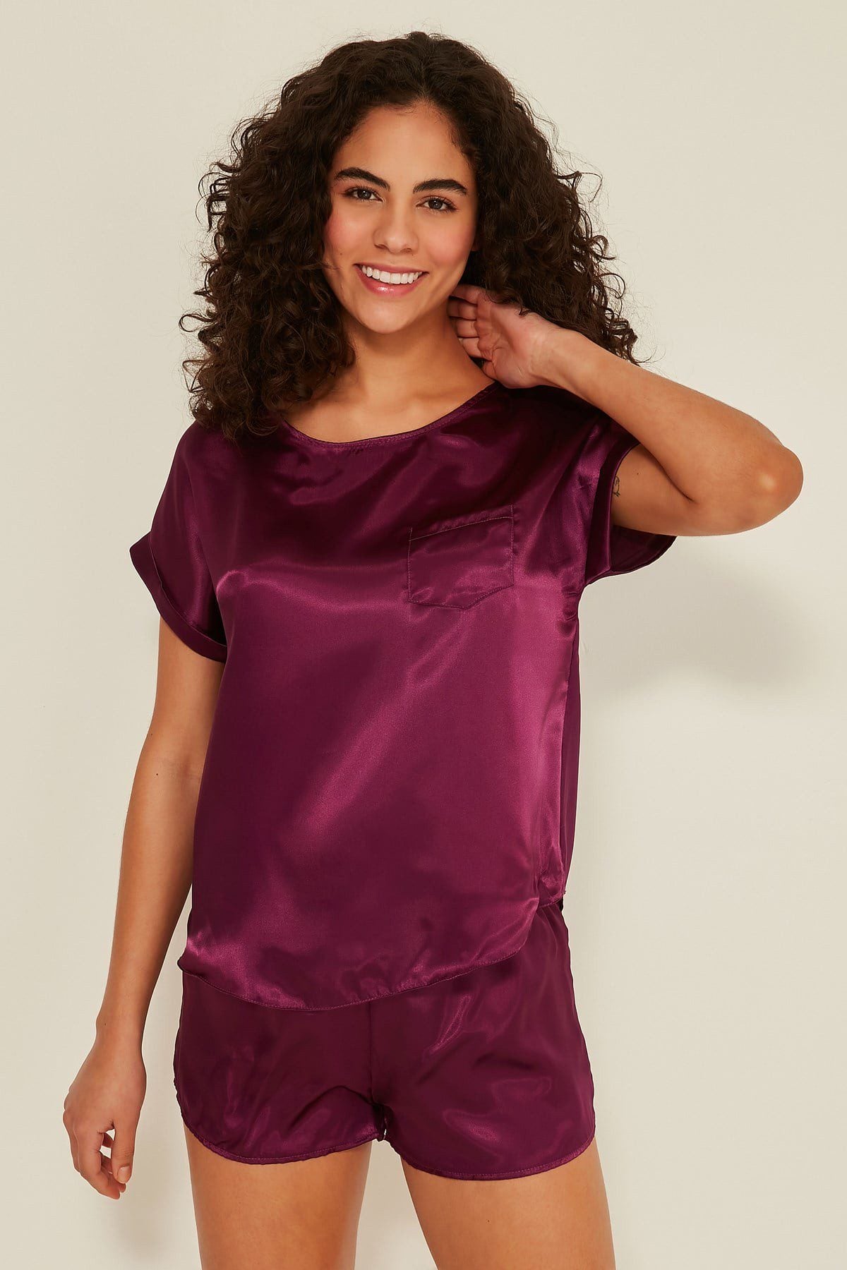 Damen Satin T-Shirt Shorts Set