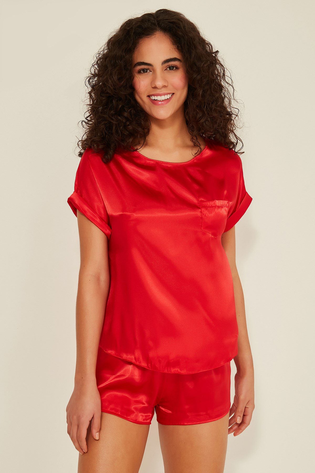 Damen Satin T-Shirt Shorts Set