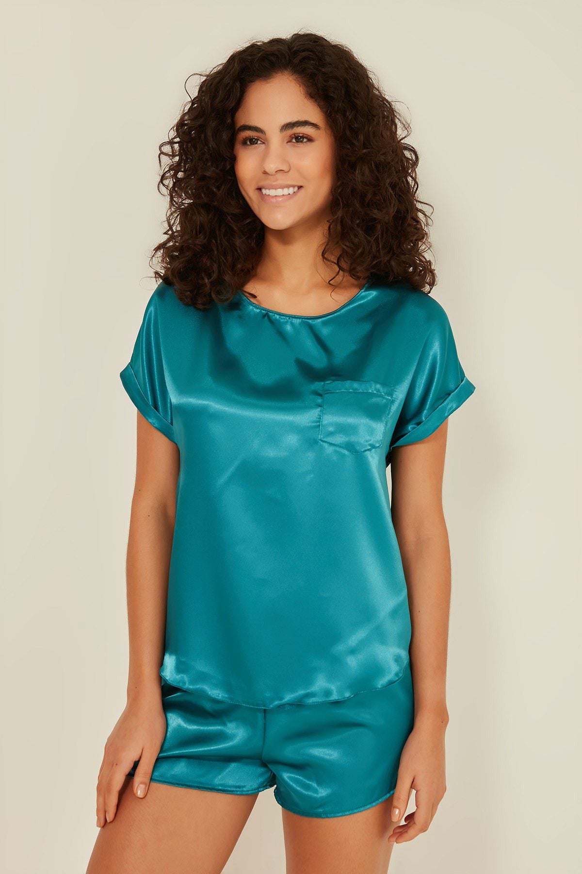 Damen Satin T-Shirt Shorts Set