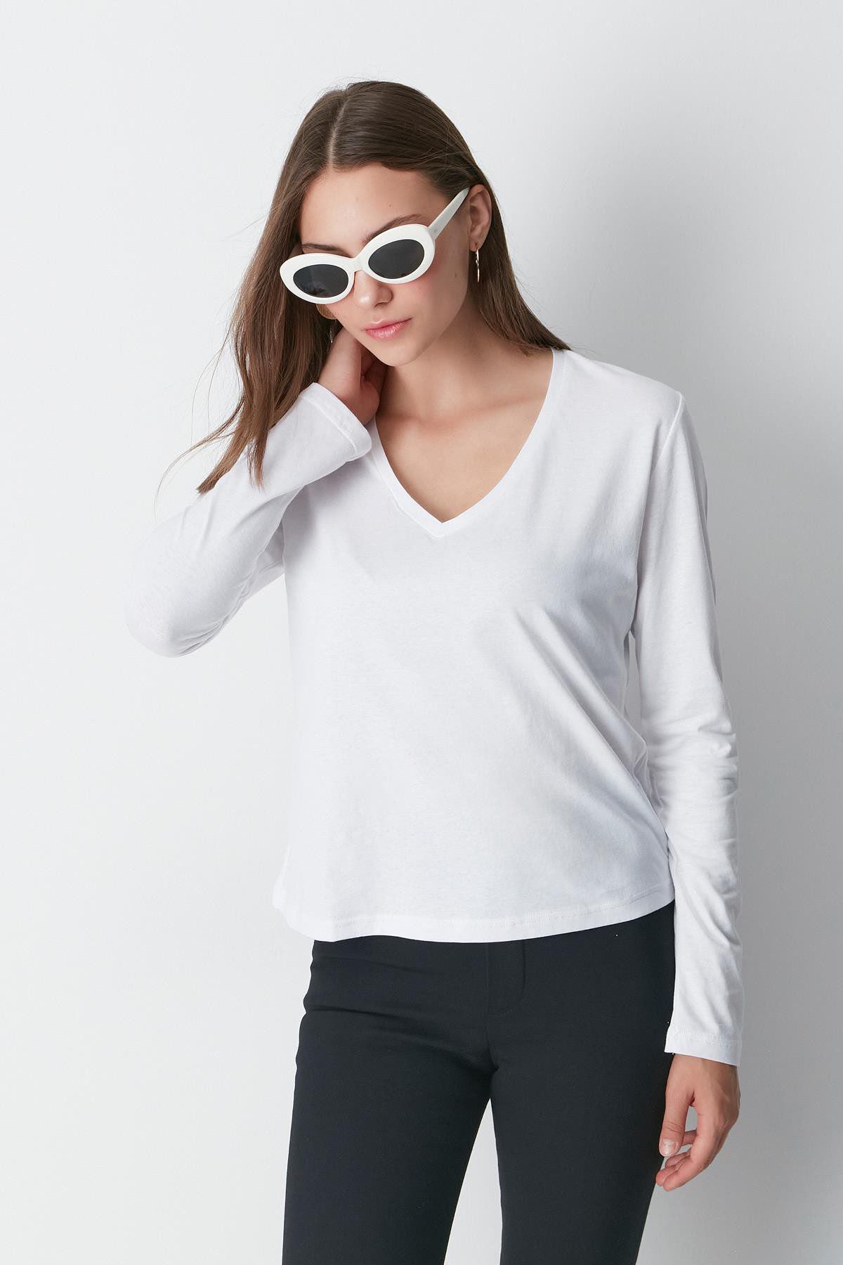 V-Ausschnitt Langarm 2er-Pack Basic T-Shirt